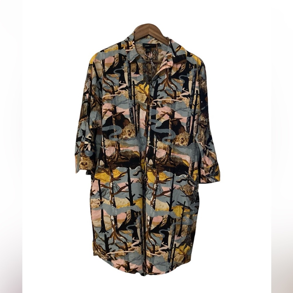 MONKL Shirt Dress Swimsuit Button Down Tunic Coverup Tree, River Mountain Print